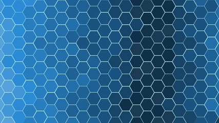 Honeycomb Grid tile random background or Hexagonal cell texture. in color Bright and dark Sky Blue with dark or black gradient. Tecnology concept. with 4k resolution.