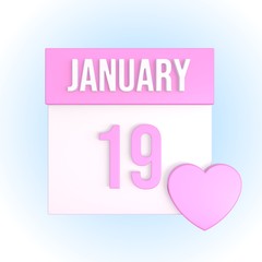 January 19 romantic calendar with pink heart. Love anniversary concept. Relationship date. 3d illustration