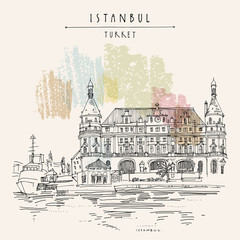 Fototapeta premium Istanbul, Turkey. Haydarpasa train station and dock. Hand drawn tourist attraction, beautiful old architecture. Travel sketch of a nice building. Vintage touristic postcard or poster