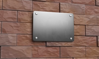 Blank steel name plate on brick wall. Signboard template. 3d illustration