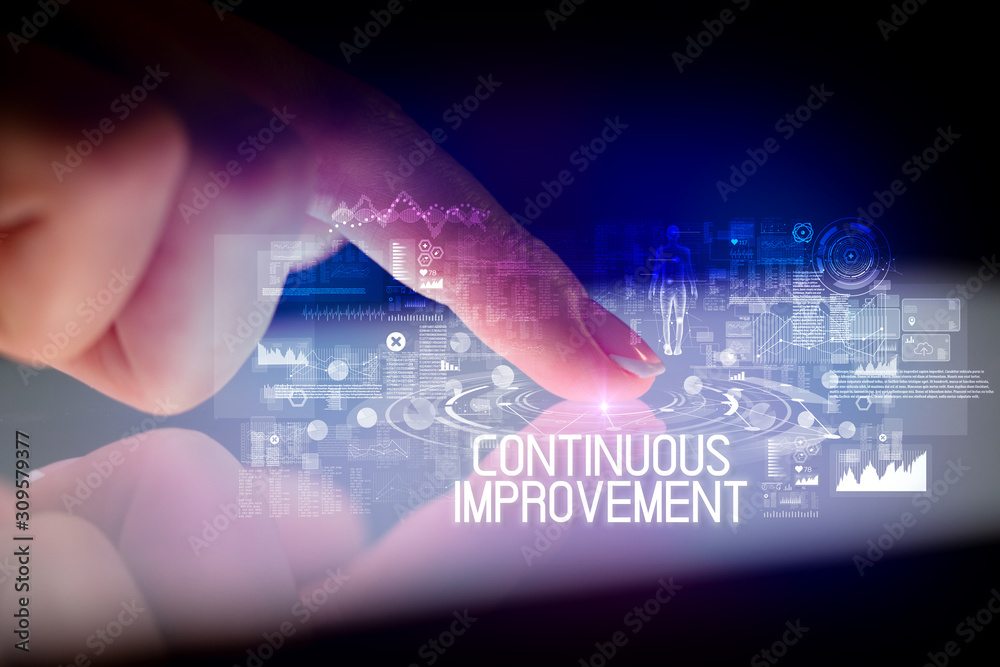 Poster finger touching tablet with web technology icons and continuous improvement inscription
