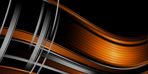 Beautiful abstract background with wavy luminous orange lines on a black background.