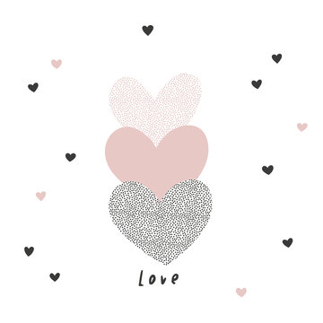 Doodle pink black dotted heart shapes isolated on white background with love inscription. Simple childish hearty illustration in vector. Valentines Day design idea.