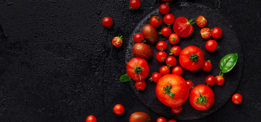 Fototapeta na wymiar Red big and small tomatoes decorating by basil leaf on black