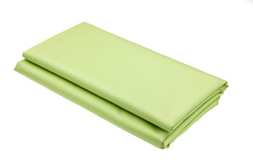 The green one-ton satin fabric  is folded neatly with a rectangle. White isolated background, copy space