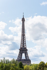 The Eiffel Tower against blue and cloudy sky, a wrought-iron lattice tower on the Champ de Mars in Paris, France, named after the engineer Gustave Eiffel, constructed from 1887 to 1889.