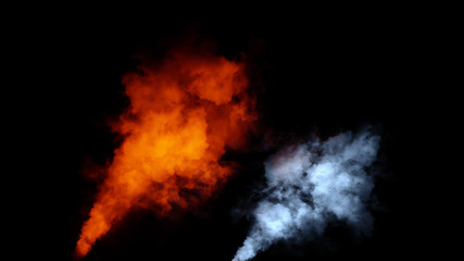 Explosion orange and blue fog on isolated black background. Experiment chemistry smoke bomb. The concept of aromatherapy. Stock illustration.