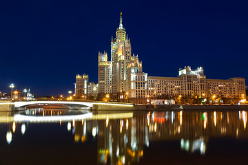 Fototapeta na wymiar High-rise building on Kotelnicheskaya embankment of the Moscow river late in the evening, Moscow, Russia