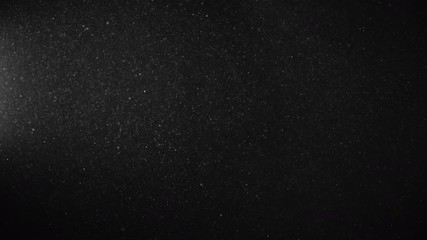 Natural Organic Dust Particles Floating On Black Background. Glittering Sparkling Particles Randomly Spin In The Air With Bokeh. Dynamic Particles With Fast And Slow Motion. Shimmering Dust In Space.