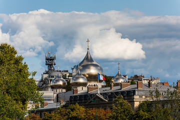 Russian Holy Trinity orthodox cathedral with its silver cupolas in the downtown near the Seine River of Paris, France