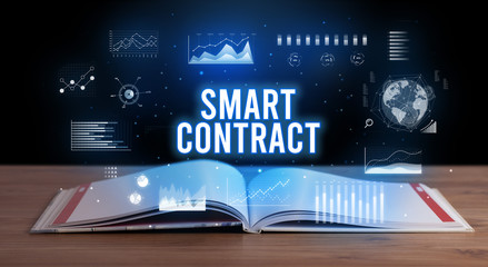 SMART CONTRACT inscription coming out from an open book, creative business concept