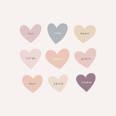 Vector poster of retro hued heart silhouette in various shapes with love word inscriptions in different languages on light background. Simple flat hearty design with rough, uneven edge. Lovely hearty