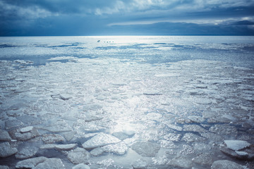 Baltic Sea on wintertime with broken ice cracks. Large pieces of floating ice driven into the seaside. Pack Ice builds up the icebergs. Panorama