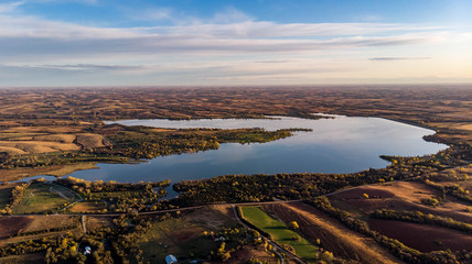 Autumn sunrise over Branched Oak Recreation Area and surrounding trees and rural countryside in Nebraska