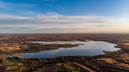 Autumn sunrise over Branched Oak Recreation Area and surrounding trees and rural countryside in Nebraska