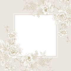 Hand drawn wedding illustration peony flowers. Sketch greetimg cart. Save the date templete.