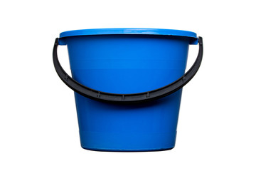 Plastic blue water bucket with black handle. Cleaning Products and Supplies. Isolated white background