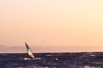 夕陽に映えるウインドサーフィン