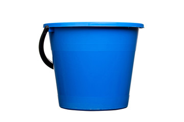 Plastic blue water bucket with black handle. Cleaning Products and Supplies. Isolated white background © mantisphoto