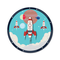 Flying space rocket with planet and using colored doodle style