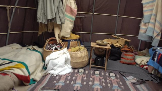 Fast Right To Left Pan Of Interior With Quilt Of Native American Indian First Nations Metis Teepee Tent