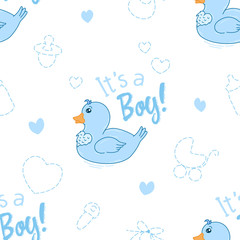 cute cartoon drawing duck, its a boy seamless pattern on white background with doodle elements for newborn, vector illustration for kids apparel, fabric, textile, nursery decoration, wrapping paper