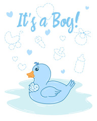 cute cartoon drawing duck, its a boy greeting card on white background with doodle elements for newborn, vector illustration for kids apparel, fabric, textile, nursery decoration, wrapping paper