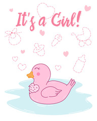 cute cartoon drawing duck, its a girl greeting card on white background with doodle elements for newborn, vector illustration for kids apparel, fabric, textile, nursery decoration, wrapping paper