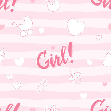 its a girl cute seamless pattern on pink background with doodle elements for newborn, editable vector illustration for kids apparel, fabric, textile, nursery decoration, wrapping paper