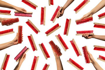 Many chaotic and shambolic hand with red cleaning brush. Cleaning Products and Supplies. Isolated white background