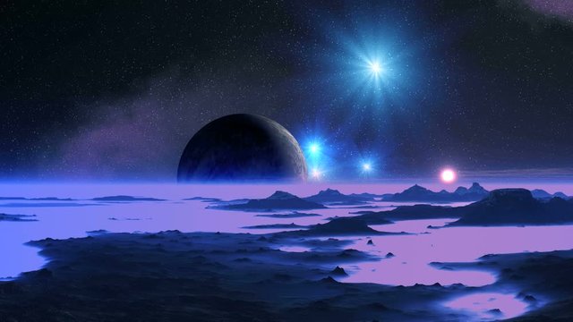 Pulsating Light on an Alien Planet. In the dark sky, bright stars, nebulae and a large moon. A distant sun pulsates above the horizon, painting mountains and foggy valleys in different colors.