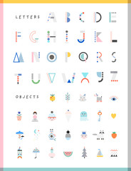 ALPHABET2Cute modern and creative alphabet. Letters and words. Learn to read. Isolated.