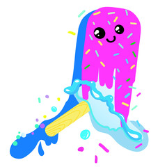 bright cartoon ice cream with a smile and eyes melts on a stick