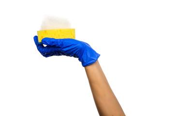 Hand in a blue glove with a yellow sponge and soapy foam. Cleaning Products and Supplies. Isolated white background