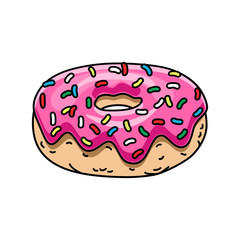 cartoon donut with pink glaze and colored sprinkles. vector illustration