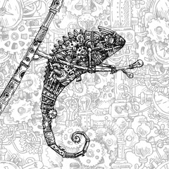 Mechanical chameleon. Hand drawn vector steampunk  illustration. - 309589534