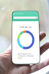 A Generic Healthy Mobile Phone Usage App, showing daily app usage graph. A phone, containing a digital mockup of a generic application that tracks user time spent on device.