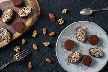 Homemade truffles from dark chocolate on a plate