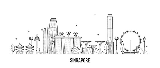 Singapore skyline city buildings vector inear art - obrazy, fototapety, plakaty