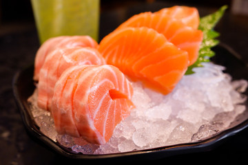 Fresh Salmon sashimi on ice, Japanese food