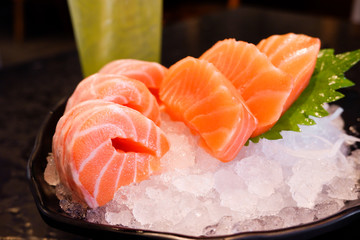 Fresh Salmon sashimi on ice, Japanese food