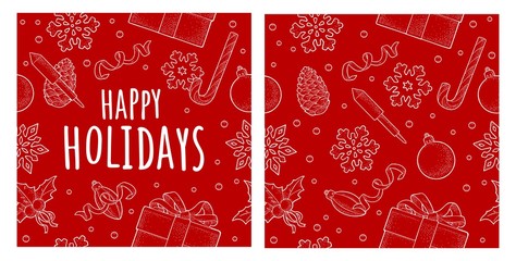 Seamless pattern Happy Holidays. Vector vintage monochrome engraving