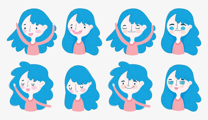 kawaii cartoon faces and gestures little girl with blue hair