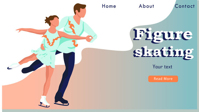 Figure Skating pairs Winter Sport Activity Website Landing Page. Couple of Young Skaters Man and Woman Dancing on Ice Rink Web Page Banner. Cartoon Flat Vector Illustration