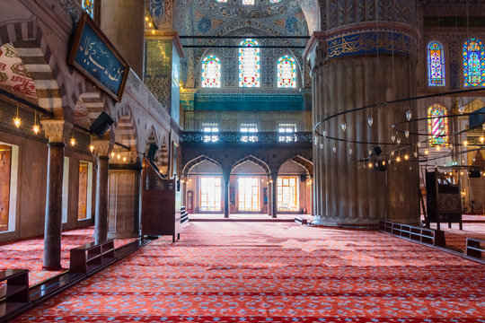 inside interior of blue mosque also known as sultan ahmed. functioning mosque is a popular travel destination