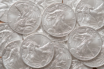 Silver coins american eagle top view