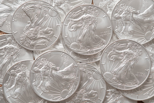 Silver coins american eagle top view