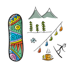 Snowboard time, winter holiday, sketch for your design