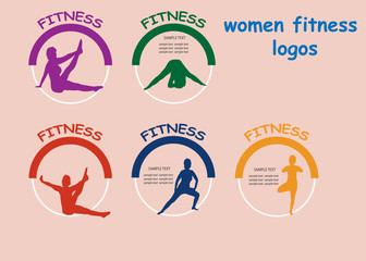 Collection of colorful logos of fitness with silhouette of exercising womanin different positions