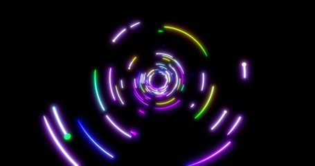 Glowing neon lines tunnel. Blue red pink and violet colorful lighting. Seamless 3D rendering for night club.